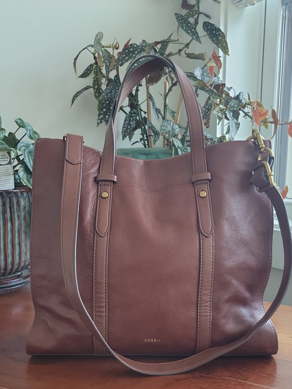 Fossil Chestnut Brown Leather Tote with Removable Strap